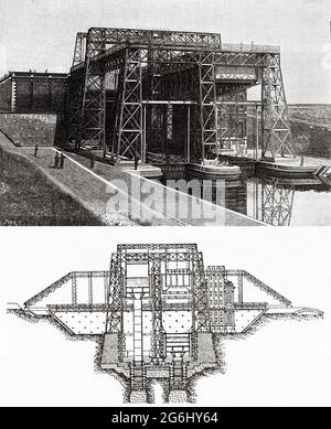 La remontée mécanique Louvière, Canal du Centre à Houdeng Goegnies près de la Louvière dans l'industrie de Sillon en Wallonie, Belgique. Europe. Ancienne illustration gravée du XIXe siècle de la nature 1888 Banque D'Images