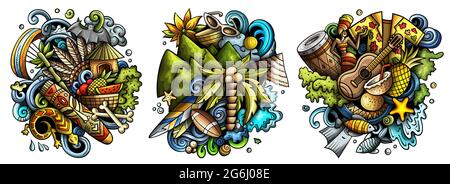 Ensemble de motifs de dessin animé à motif de dessin animé. Compositions détaillées colorées avec beaucoup d'objets et de symboles exotiques de l'île. Isolé sur des illustrations blanches Illustration de Vecteur