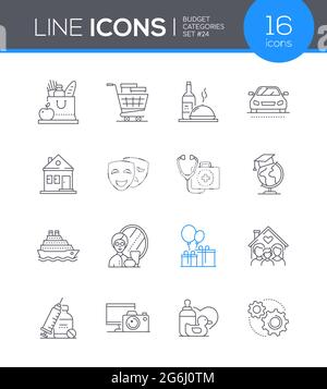 Catégories de budget - jeu d'icônes de style de conception de ligne. Gestion financière et idée de dépenses. Shopping, cafés, transport, logement, divertissement, réparer Illustration de Vecteur
