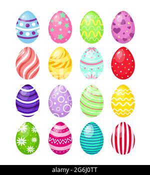 Illustration vectorielle ensemble de couleur oeufs de Pâques avec des motifs, traditionnel coloré et lumineux symbole de Pâques isolé sur fond blanc. Illustration de Vecteur