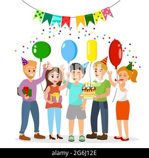 Illustration vectorielle Joyeux anniversaire. Compagnie heureuse de jeunes gens brillants et drôles fête les vacances avec un gâteau et des cadeaux. Félicitations à un Illustration de Vecteur