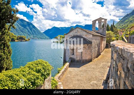 Église Chiesa di San Giacomo, vue sur le lac de Côme, Ossuccio en Lombardie, Italie Banque D'Images