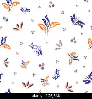 Abstrait stylisé tulipe et feuille vecteur fond sans couture de motif. Toile de fond blanc violet moderne avec bouquets de paires de tulipes dessinées à la main, feuillage Illustration de Vecteur