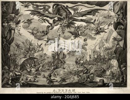 Un rêve causé par la lecture du travail populaire de Mme H. Beecher Stowe Uncle Tom's Cabin - une satire imaginative et piquant sur Harriet Beecher Stowe et son roman d'antislavery récemment publié 'Uncle Tom's Cabin'. Imprimé en série à partir de juin 1851, le roman est apparu pour la première fois sous forme de livre en 1852. L'artiste a concocté une vision chaotique et cauchemardesque, où des armées de démons et d'autres monstres se battent dans un cadre désertique qui rappelle les visions infernales de Hieronymus Bosch et Jacques Callot. (Murrell fait remarquer, en fait, que la plaque emprunte son motif central--une énorme mouche Banque D'Images