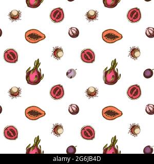 Motif sans couture avec papaye, goyave, fruit de la passion, rambutan, pitaya, mangoustan Illustration de Vecteur