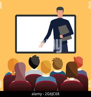 Homme d'affaires ordinateur portable écran chat informations bulle séminaire en ligne personnes groupe brainstorming forum communication Illustration de Vecteur