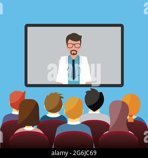Séminaire médical en ligne illustration vectorielle, dessin animé plat minuscule médecin personnes sur la formation à distance conférence Illustration de Vecteur