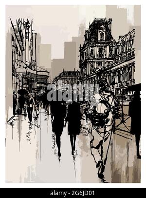 Paris, les gens marchant près de l'hôtel de ville après la pluie - illustration vectorielle Illustration de Vecteur