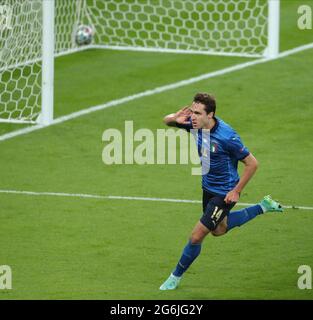 Wembley, Londres, Royaume-Uni, 06/07/2021, Federico Chiesa CÉLÈBRE LE 1ER BUT Italie / Espagne CHAMPIONNAT D'EUROPE 2020, demi-finale, STADE WEMBLEY, 06 juillet 2021 Banque D'Images