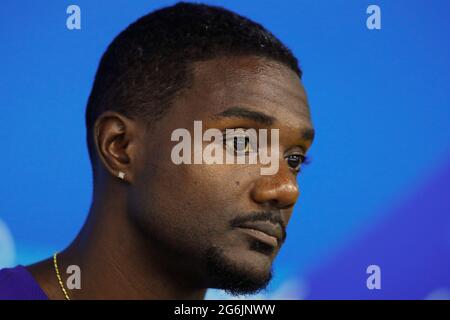 Justin Gatlin sprinter aux Jeux Olympiques de Rio 2016. L'athlète de l'équipe américaine remporte la médaille d'argent 100m sprint course, piste et terrain Banque D'Images