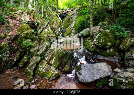 Vue d'ensemble pittoresque des chutes Dark Hollow au parc national Shenandoah en été Banque D'Images