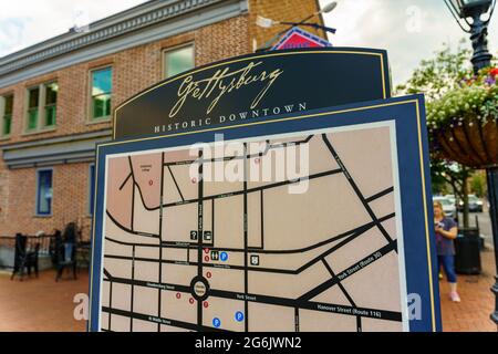 Gettysburg, PA, Etats-Unis - 4 juillet 2021 : un plan des rues de la ville historique aide les visiteurs à trouver des sites importants à Gettysburg. Banque D'Images