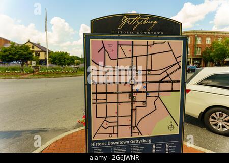 Gettysburg, PA, Etats-Unis - 4 juillet 2021 : un plan des rues de la ville historique aide les visiteurs à trouver des sites importants à Gettysburg. Banque D'Images