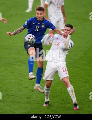 07 juillet 2021 - Italie / Espagne - UEFA Euro 2020 semi-finale - Wembley - Londres les combats immobiles de Ciro en Italie avec Aymeric Laporte crédit photo : © Mark pain / Alamy Live News Banque D'Images