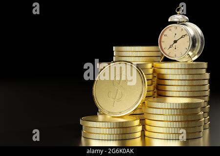Vintage réveil table horloge sur une pile de pièces de monnaie dans fond noir foncé le concept de l'importance du temps et des affaires ou l'idée que le temps est val Banque D'Images
