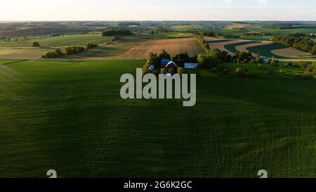 Vue aérienne, au coucher du soleil, de la petite ferme bio solaire B&B au printemps, juste après les récoltes plantées avec des récoltes de rang vert, Browntown, Wisconsin, États-Unis Banque D'Images