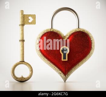 Clé dorée ornée d'un symbole en forme de coeur et d'un cadenas en forme de coeur isolé sur fond blanc. Illustration 3D. Banque D'Images