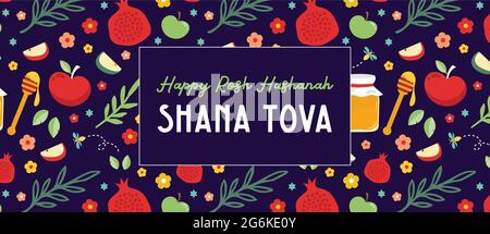 nouvelle année juive, rosh hashanah, bannière de carte de voeux avec motif d'icône traditionnel. Bonne année, shana tova en hébreu. Pomme, miel, fleurs et Illustration de Vecteur