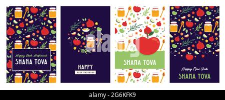 nouvel an juif, rosh hashanah, carte de voeux avec icônes traditionnelles. Bonne Année. Pomme, miel, grenade, fleurs et feuilles, Nouveau juif Illustration de Vecteur