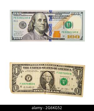 nouveau grand billet de cent dollars et vieux billet de un dollar froissé isolé sur fond blanc Banque D'Images