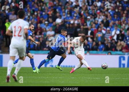 Londres, Angleterre. 06/07/2021, Leonardo Bonucci (Italie)Dani Olmo (Espagne)Marco Verratti (Italie) lors du match des demi-finales de l'UEFA 'Championnat d'Europe 2020 entre l'Italie 5-3 Espagne au stade Wembley le 06 juillet 2021 à Londres, en Angleterre. Credit: Maurizio Borsari/AFLO/Alay Live News Banque D'Images