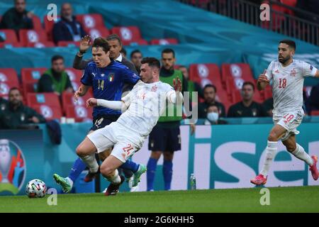 Londres, Angleterre. 06/07/2021, Federico Chiesa (Italie)Aymeric Laporte (Espagne)Jordi Alba (Espagne) pendant le match des demi-finales de l'UEFA 'Championnat d'Europe 2020 entre l'Italie 5-3 Espagne au stade Wembley le 06 juillet 2021 à Londres, Angleterre. Credit: Maurizio Borsari/AFLO/Alay Live News Banque D'Images