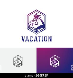 Sea Wave Tropical Island Coconut Palm Tree logo Hexagon Illustration de Vecteur