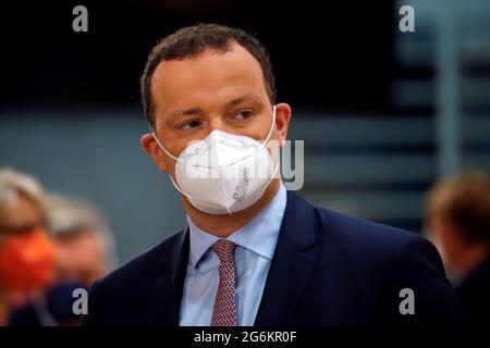 Berlin, Allemagne. 07e juillet 2021. Jens Spahn (CDU), ministre fédéral de la Santé, assiste à la réunion hebdomadaire du Cabinet au bureau du chancelier. Credit: Michele Tantussi/Reuters/Pool/dpa/Alamy Live News Banque D'Images