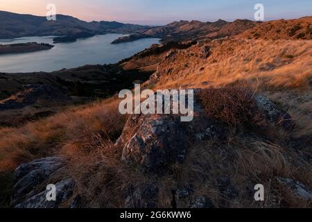 Lever de soleil sur Porthills, Christchurch, Aotearoa Nouvelle-Zélande. Les collines de Port sont un vestige vieux de 12 millions d'années du cratère du volcan Lyttelton. Vent, ra Banque D'Images