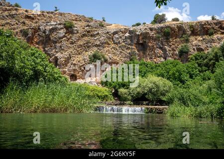 Banias Spring and Stream (Banias River ou Hermon River) plateau du Golan, Israël ce printemps est une des sources de la Jordanie Banque D'Images