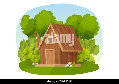 Cabane en bois, maison en bois ou cottage décoré d'arbres, d'herbe et de brousse dans un style de dessin animé isolé sur fond blanc. Cabine, bâtiment de campagne avec toit, fenêtre et porte. . Illustration vectorielle Illustration de Vecteur