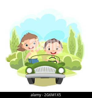 Les enfants se trouvent dans une petite voiture. Un enfant conduit une voiture à pédales ou électrique. Illustration de dessin animé. Isolé. Paysage vert rural d'été. Vecteur Illustration de Vecteur