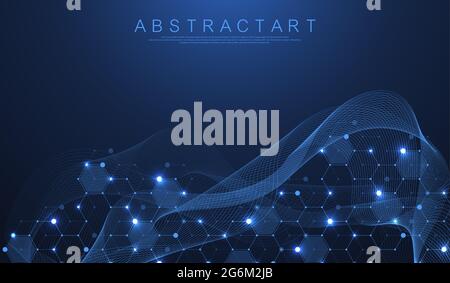 Les lignes et les points abstraits de la technologie relient l'arrière-plan aux hexagones. Grille hexagonale. Concept de connexion de données numériques et de Big Data. Numérique hex Illustration de Vecteur