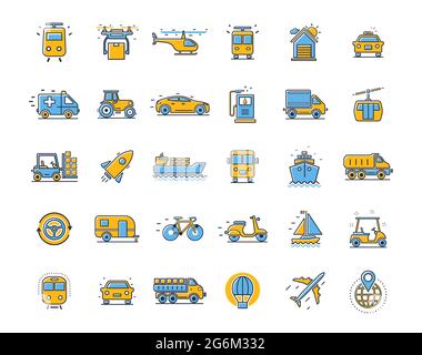 Icônes de transport. Définissez des icônes de lignes vectorielles dans la conception plate du transport, de la mécanique, de l'électronique avec des éléments pour les concepts mobiles et les applications Web. Le pixel i Illustration de Vecteur