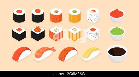 Ensemble sushi. Icônes de sushi isométriques sur fond blanc. Petits pains avec caviar de poisson rouge, avec saumon. Sushi nigiri aux crevettes. Cuisine japonaise traditionnelle. Illustration de Vecteur