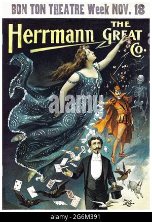 Herrmann le Grand. Artiste inconnu. Affiche ancienne restaurée publiée en 1908 aux États-Unis. Banque D'Images