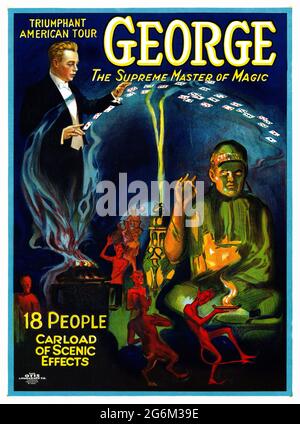Tournée américaine triomphante. George le maître suprême de la magie. Artiste inconnu. Affiche ancienne restaurée publiée en 1920 aux États-Unis. Banque D'Images