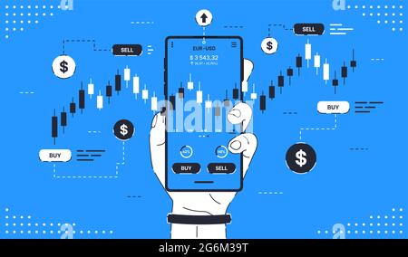 Bourse mobile. La main de l'homme tient un smartphone avec des cartes professionnelles. Concept pour le commerce en ligne mobile, le commerce de titres, l'analyse de marchés boursiers, Illustration de Vecteur