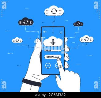 La main humaine tient le smartphone avec le nuage, les flèches et la barre de progression à l'écran. Télécharger des informations, concept de fichiers pour les sites Web, bannières Web, infograp Illustration de Vecteur