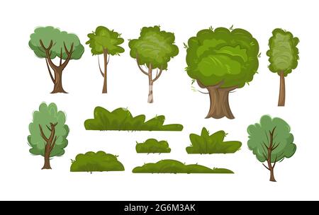 Ensemble d'arbres et de buissons d'été. Plantes vertes adultes et jeunes. Les objets sont isolés sur un fond blanc. Beau fin et gracieux. Style plat Illustration de Vecteur