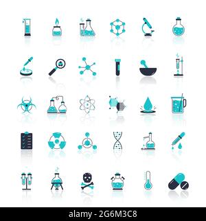 Grand jeu d'icônes de laboratoire de chimie et de diagrammes illustrant des expériences variées, de la verrerie et des molécules isolées sur fond blanc. Vecto de style plat Illustration de Vecteur