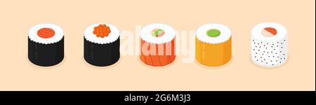 Ensemble sushi. Icônes de sushi isométriques sur fond blanc. Petits pains avec caviar de poisson rouge, avec saumon. Sushi nigiri aux crevettes. Cuisine japonaise traditionnelle. Illustration de Vecteur