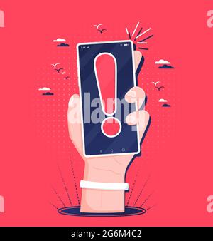 Concept de notification de programmes malveillants ou d'erreurs dans le téléphone mobile. Main tenant le smartphone avec une bulle vocale et une icône en forme de point d'exclamation. Alerte rouge pour les spams de données, Illustration de Vecteur