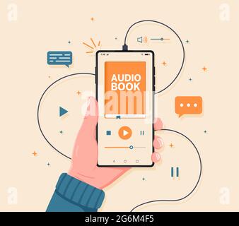 Smartphone en main avec l'interface de l'application de livres audio sur son écran. Écoutez de la littérature, des livres électroniques en format audio. Enseignement à distance e-learning, podcast, nous Illustration de Vecteur