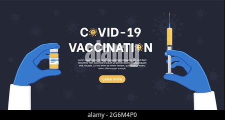 Vaccin contre le coronavirus. Mains tenant le vaccin et la seringue pour l'injection du coronavirus. Bannière plate de vaccin contre le virus de la couronne. Illustrateur de vecteur Illustration de Vecteur