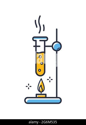 Icône réaction chimique. Flacon, tube à essai chauffé au-dessus du feu isolé sur fond blanc. Éléments de conception, colorés. Elément pour les concepts mobiles Illustration de Vecteur