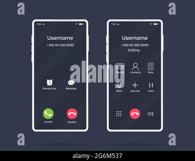Modèle vectoriel d'interface de smartphone à écran d'appel, mise en page de conception en mode sombre de la page d'application mobile, interface utilisateur à plat pour application. Illustration vectorielle plate Illustration de Vecteur