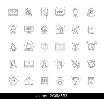 Icônes d'éducation définies. Noir et blanc avec des lignes. Isolé sur fond blanc. Peut être utilisé pour les concepts mobiles et les applications Web, les brochures, les réseaux sociaux Illustration de Vecteur