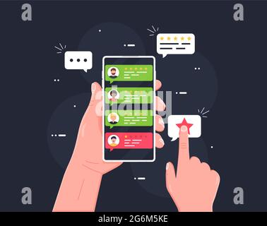 Tenir le téléphone en main et noter le contenu avec une maquette en étoile.icône de notation, de signet et d'évaluation de l'utilisateur dans la bulle sur le téléphone mobile. Conc. Des médias sociaux Illustration de Vecteur