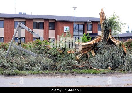 Arbre tombé et dégâts par Satamakatu rue, Meriniitty. Un orage violent le 23 juin a causé des dommages à Salo, en Finlande. 24 juin 2021. Banque D'Images